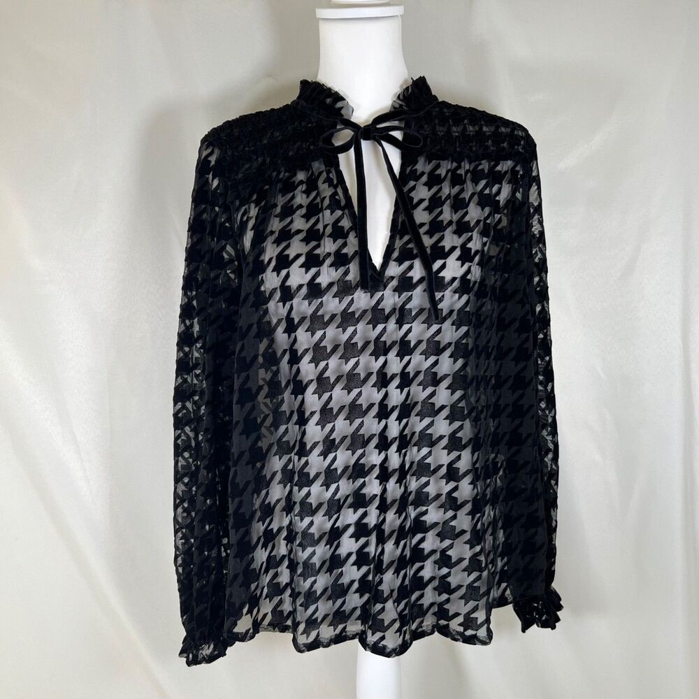 Zara Black Velvet Whimsigoth Houndstooth Sheer Mesh Blouse Tie Neck Ruffle XL